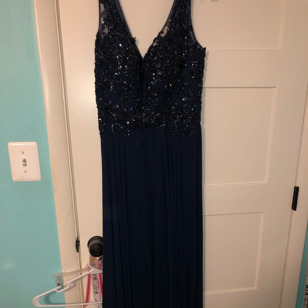 Navy Beaded Long Prom Dress